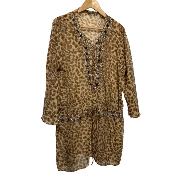 Tiekack Tops - TieRack Leopard Print Sequin Beaded Lace Up Kaftan Tunic Brown Tan One Size